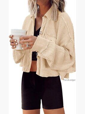 Cropped Waffle Knit Shacket Button Down Jacket Batwing Sleeve Pocket